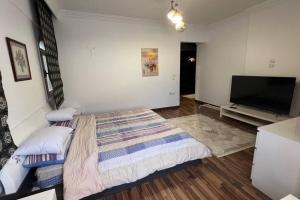 a bedroom with a bed and a flat screen tv at 3 bedroom apt excellent location near to malls in Cairo