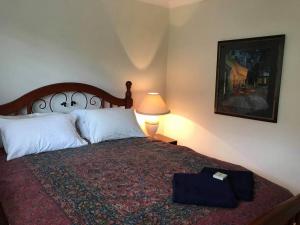 Un dormitorio con una cama grande con una bolsa. en Wombat's Den - Spectacular Views and Serenity, en Wentworth Falls