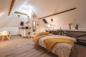 a bedroom with a bed and a desk in it at Plancy Beds St-Quentin in Saint-Quentin