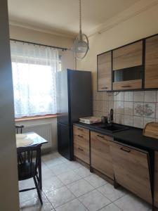 a kitchen with wooden cabinets and a black counter top at Alfa 2 apartament 4 in Bystra