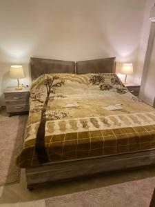 een bed in een slaapkamer met 2 nachtkastjes en 2 lampen bij night holiday in Alexandrië