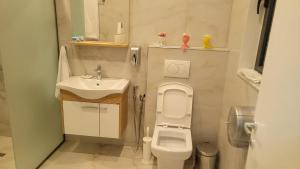 a small bathroom with a toilet and a sink at Vila Bakri Couple Room in Elbasan