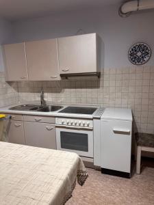 a kitchen with a stove and a sink at Premium Handwerker Zimmer in Balingen