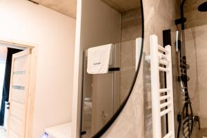 a mirror in a bathroom with a refrigerator at Hop & Lulu Delux Apartments in Goleniów