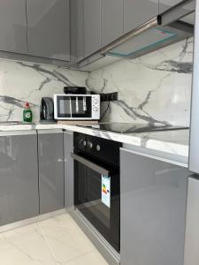 uma cozinha com um fogão e um micro-ondas em Σπίτι στα Βασιλικά Σαλαμίνας em Salamina