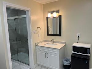 La salle de bains est pourvue d'un lavabo et d'une douche en verre. dans l'établissement Cedar Springs Motel, à Acton