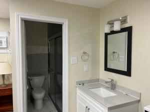 La salle de bains est pourvue de toilettes, d'un lavabo et d'un miroir. dans l'établissement Cedar Springs Motel, à Acton