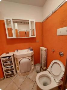 een badkamer met een toilet, een wastafel en een spiegel bij Oasi in Malcesine