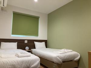 two beds in a room with a green wall at RJ HOTELS OTARU in Otaru