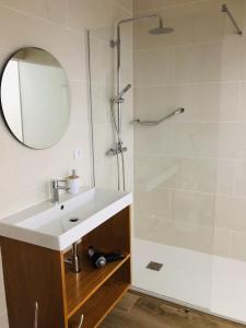 y baño con lavabo y ducha. en AMU- Apartamentos Mistérios da Urzelina en Urzelina