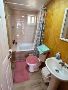een badkamer met toilet, bad en wastafel bij Cabañas Emma Maicolpue in Osorno +18 foto's