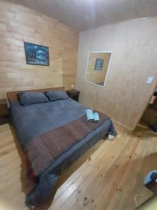 1 dormitorio con 1 cama grande en una habitación en Cabaña Loremar Pastahue, en Castro