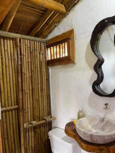 La salle de bains est pourvue d'un lavabo, de toilettes et d'un miroir. dans l'établissement Cabaña Bamboo House, à Calarcá