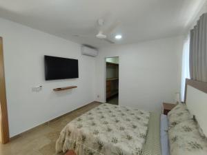 a bedroom with a bed and a tv on the wall at Villa en Puerto Plata in San Felipe de Puerto Plata