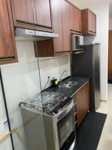 a kitchen with a stove and a refrigerator at Apartamento Lindo e Aconchegante in São José