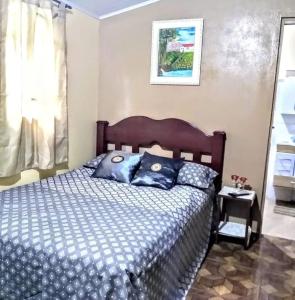 een slaapkamer met een bed met blauwe kussens erop bij Recanto Itália Brasil in Biritiba-Mirim