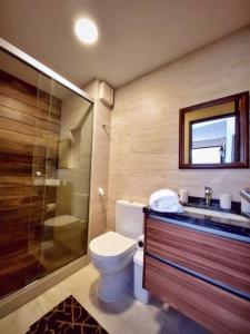 uma casa de banho com um WC, um chuveiro e um lavatório. em EXCLUSIVO em Cochabamba