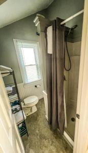 bagno con tenda per la doccia e servizi igienici di Cozy Pond Side Cottage in Bar Harbor! [The Nook] a Bar Harbor