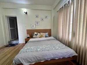 a bedroom with a bed and a window with curtains at Zion Apartments, Pokhara in Pokhara