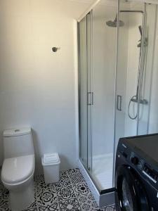 een badkamer met een toilet, een douche en een wasmachine bij Cabaña en Puerto Varas, Chile. in Puerto Varas