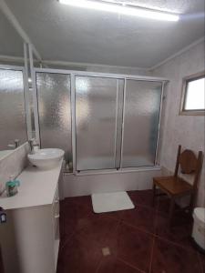 a bathroom with a sink and a toilet and a mirror at Alojamiento Punta Arenas in Punta Arenas