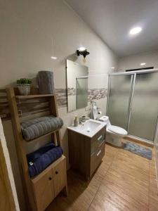 a bathroom with a shower and a sink and a toilet at Lomeli’s Home, 5 minutos del Tunco in La Libertad