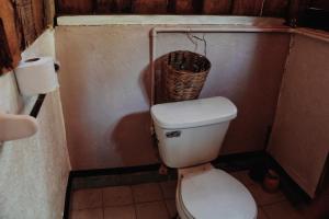 a bathroom with a toilet with a basket on top of it at Garden Cabins in Zipolite