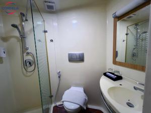 een badkamer met een douche, een toilet en een wastafel bij Cordela Kartika Dewi Yogyakarta in Yogyakarta