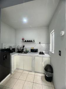 a kitchen with white cabinets and a black refrigerator at Departamento por plaza terraza oblatos in Guadalajara