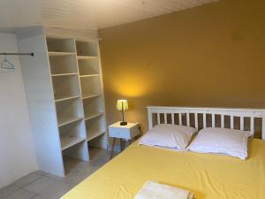 a bedroom with a bed and a lamp and shelves at T2 calme à Remire-Montjoly in Rémire-Camp