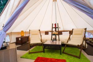 THE FARM Resort Japan في Katori: غرفة بها كرسيين وسرير في خيمة