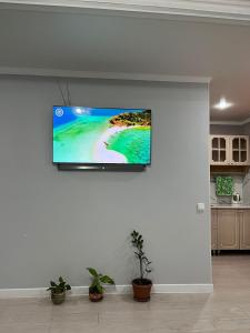 a flat screen tv hanging on a wall in a kitchen at Аппартаменты в центре города Семей in Semey