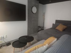 a bedroom with a bed and a couch and a clock at Distum Anzures in Mexico City