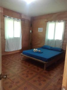 sypialnia z łóżkiem z niebieską pościelą i dwoma oknami w obiekcie CRUISER'S BEACH RESORT w mieście San Agustin