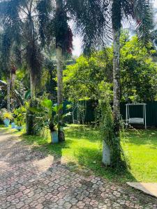 a garden with palm trees and a brick road at White House Holiday Resort in Ratnapura
