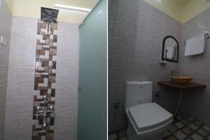 Duas fotografias de uma casa de banho com um WC e um espelho. em Collection O Shivanya Guest House em Kakarmatha