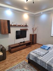 a living room with a flat screen tv and a couch at ЖК Сункар in Almaty