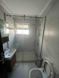 a bathroom with a shower and a toilet and a sink at Spectacular 2 BR Apt in Jabal Amman 4th circle in Amman