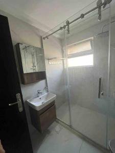 a bathroom with a glass shower and a sink at Spectacular 2 BR Apt in Jabal Amman 4th circle in Amman