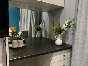 a kitchen counter with vases and flowers in a mirror at Kiwi Boutique Lodges in Pretoria