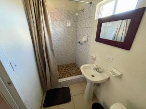 een witte badkamer met een douche en een wastafel bij Suite AMAI, Valle de Guadalupe in Colonia de Guadalupe