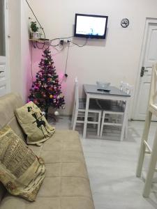 a living room with a christmas tree and a tv at Guesthouse in Oni