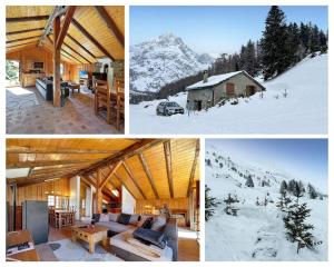 un collage de cuatro fotos de una casa en la nieve en Chalet le Basset - Keys to Paradise in the Alps, en La Fouly