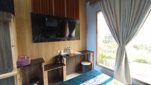 Schlafzimmer mit einem Bett, einem TV und einem Fenster in der Unterkunft Sky View Bromo Guest House in Ngadisari