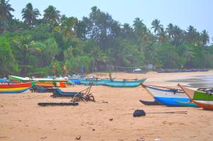 un gruppo di barche sedute su una spiaggia sabbiosa di Mango House a Talalla South