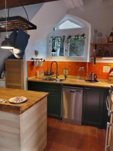 uma cozinha com um lavatório e um balcão em Stunning view in Cathar country em Cailla