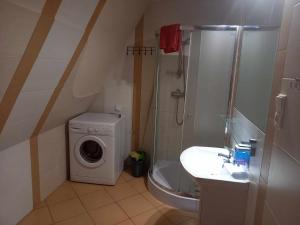 a bathroom with a sink and a washing machine in it at Miltex in Torzym