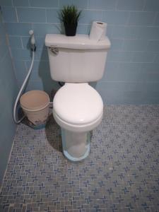 a white toilet in a bathroom with a plant at Camille's Cheapstay in Alaminos