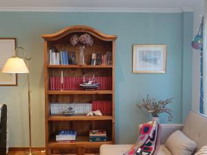 a living room with a book shelf filled with books at Penthouse Panorámico in Viveiro