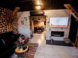 a living room with a couch and a fireplace at Apartament NEON Z JACUZZI -Klima -RYNEK CENTRUM &Parking in Kielce